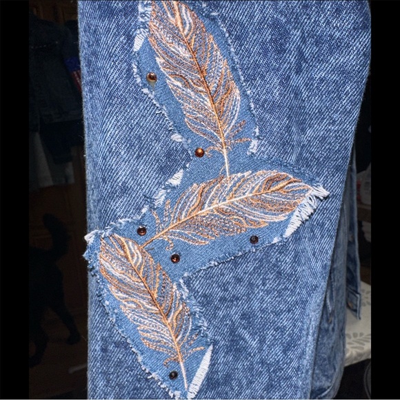 Native American Woman Embroidered Crystal Embellished Jean Jacket - Picture 7 of 12